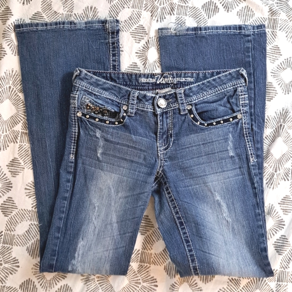 Vanity premium denim bootcut flare bling faux diamonds sequins sz27